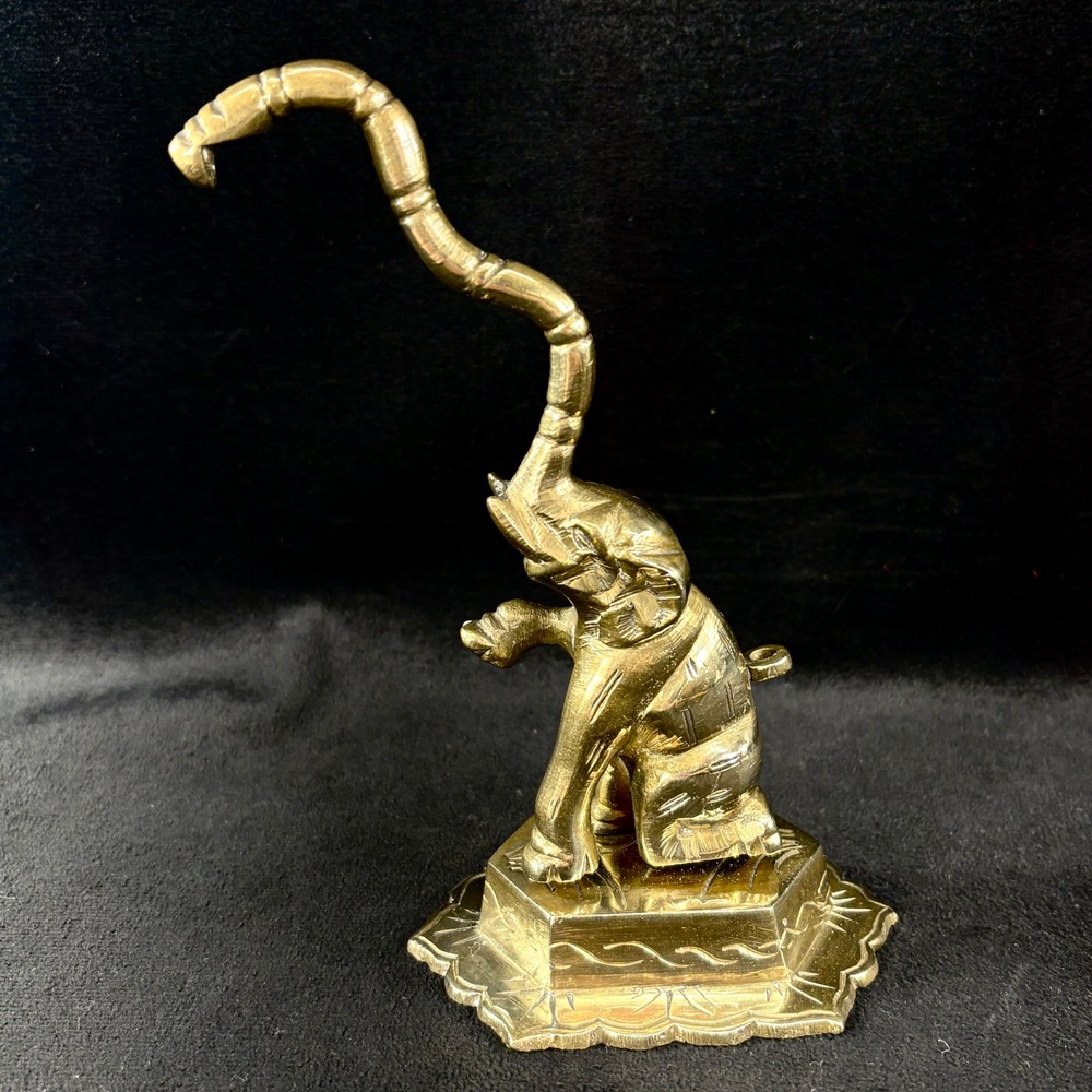 Vintage Brass Elephant Figurine Trunk Up Lucky Charm Decorative Accent 6" Tall